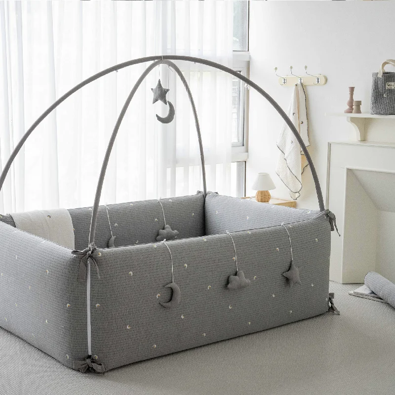 LOLBaby Cotton Embroidery Bumper Bed with Hanging Toy and Canopy - Moon Star Grey