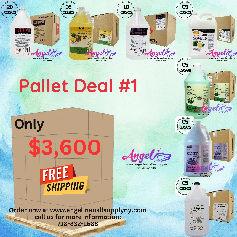 Pallet Deal #1 Angel Mix Products: Acetone, Alcohol, Cuticle Oil, Liquid Monomer, Callus Remover, Hand Soap, Lavender Lotion Aloe Vera Lotion