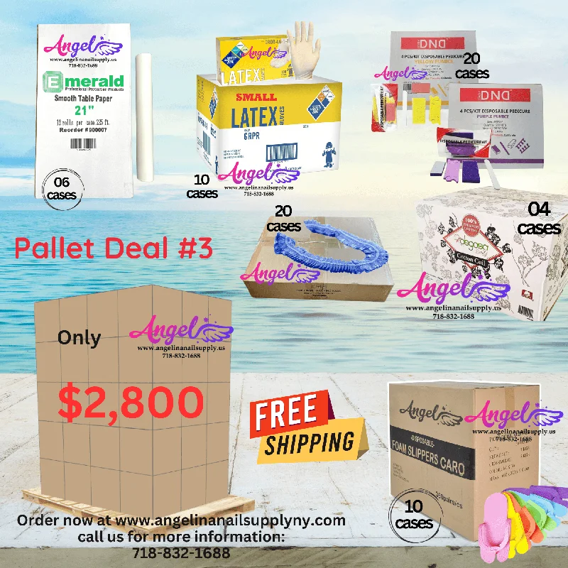 Pallet Deal #3 Angel Mix Products:  Foam Slipper, Pedicure Kit, Cotton, Gloves, Liner Blue, Table Paper