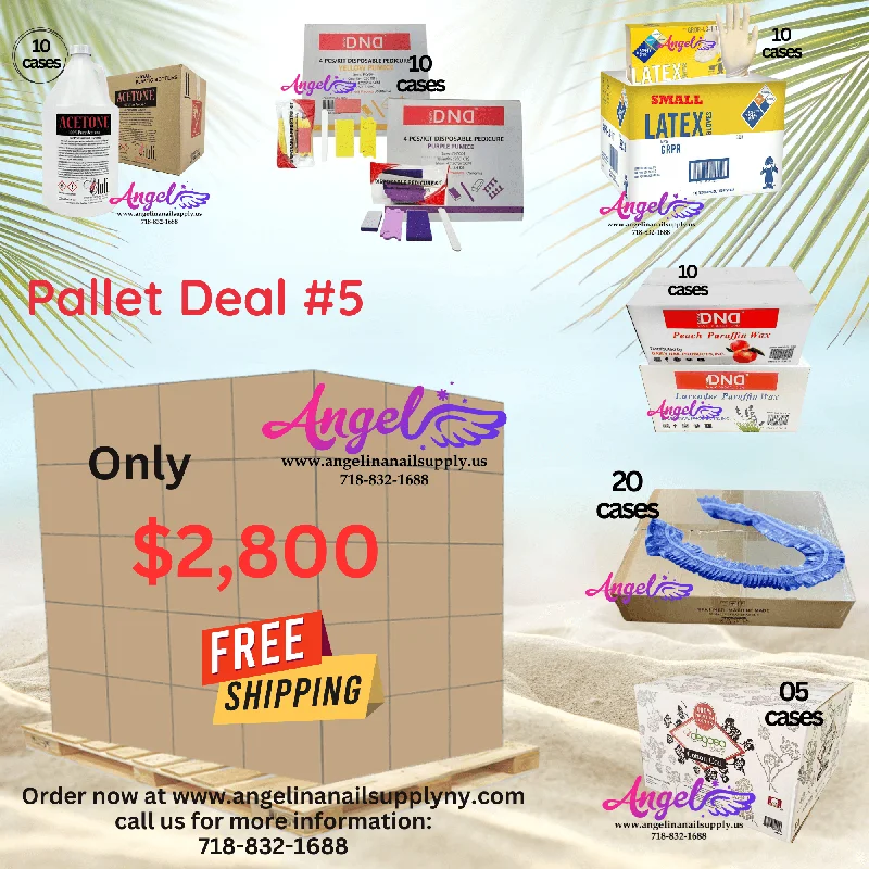 Pallet Deal #5 Angel Mix Products:  Gloves, Acetone, Cotton, Blue Liner, Paraffin, Pedicure Kit